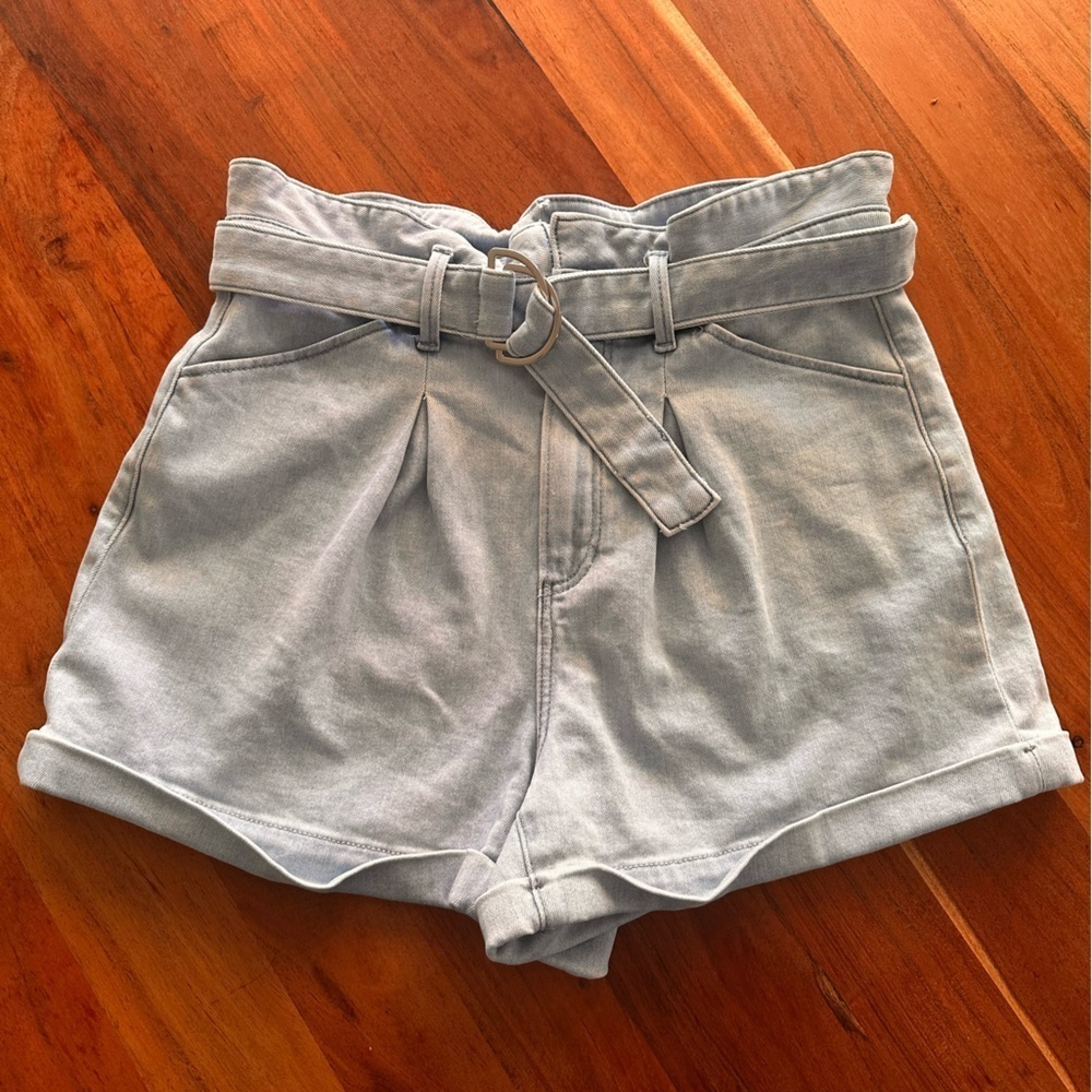 PAIGE Women's Light Blue High Waist Belted Shorts